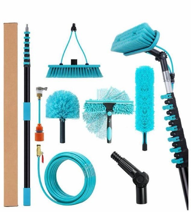 Complete 9m water-fed pole brush kit — all components laid out